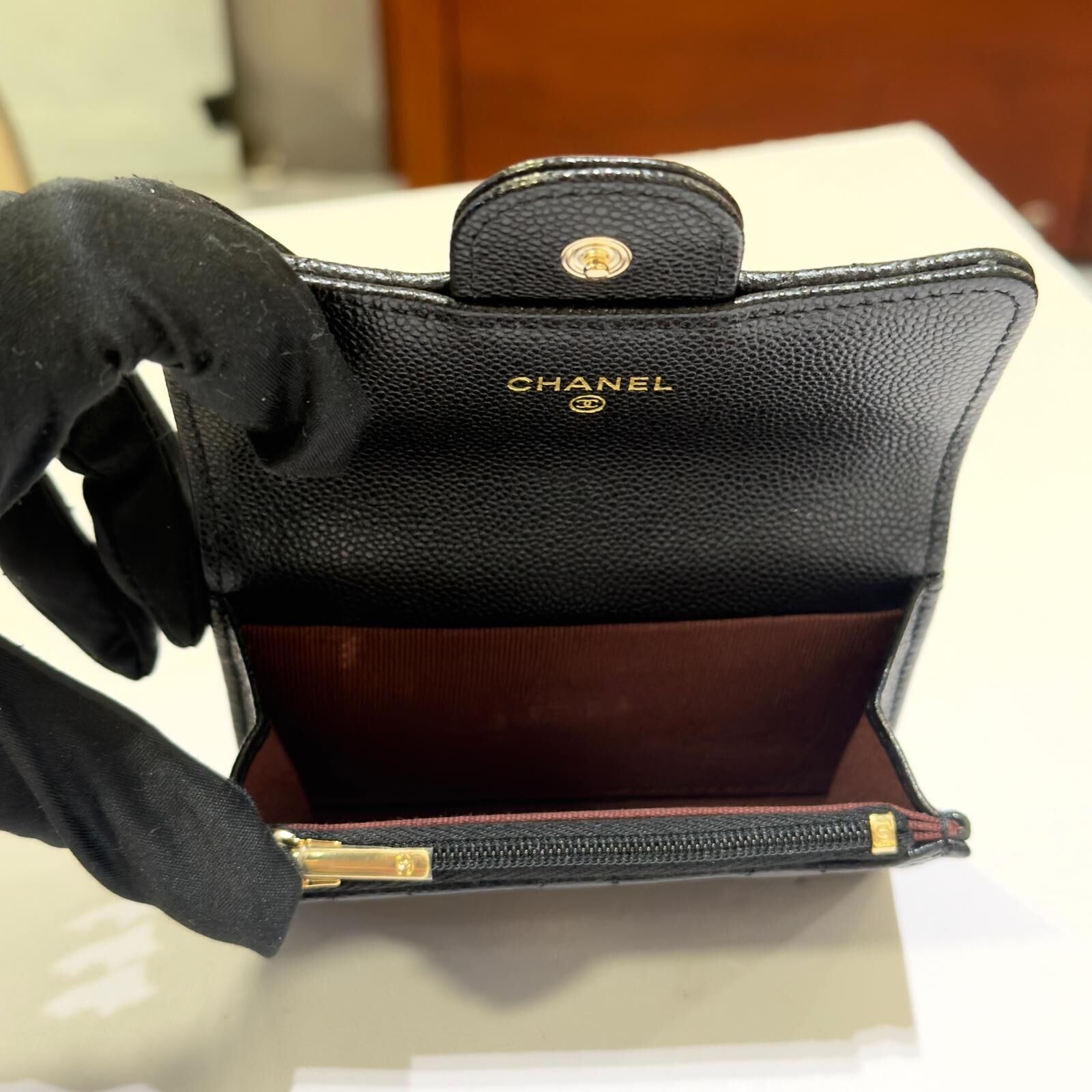 全新CHANEL卡片套 CLASSIC FLAG 黑色荔枝皮淡金內格拉鏈@晶片款  #BRAND NEW #香榭站正品