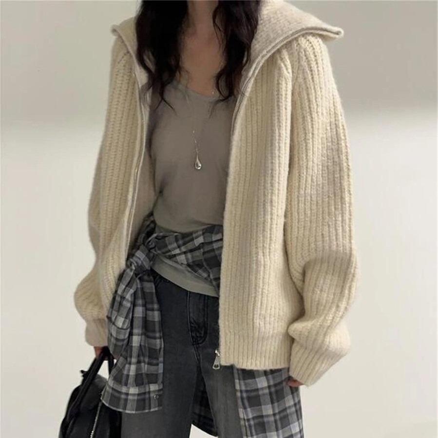 1W10 雙拉鍊翻領兩穿針織開衫 兩色