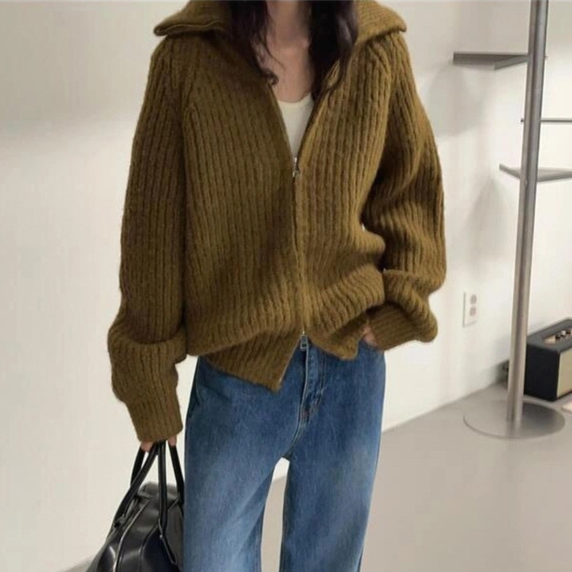 1W10 雙拉鍊翻領兩穿針織開衫 兩色