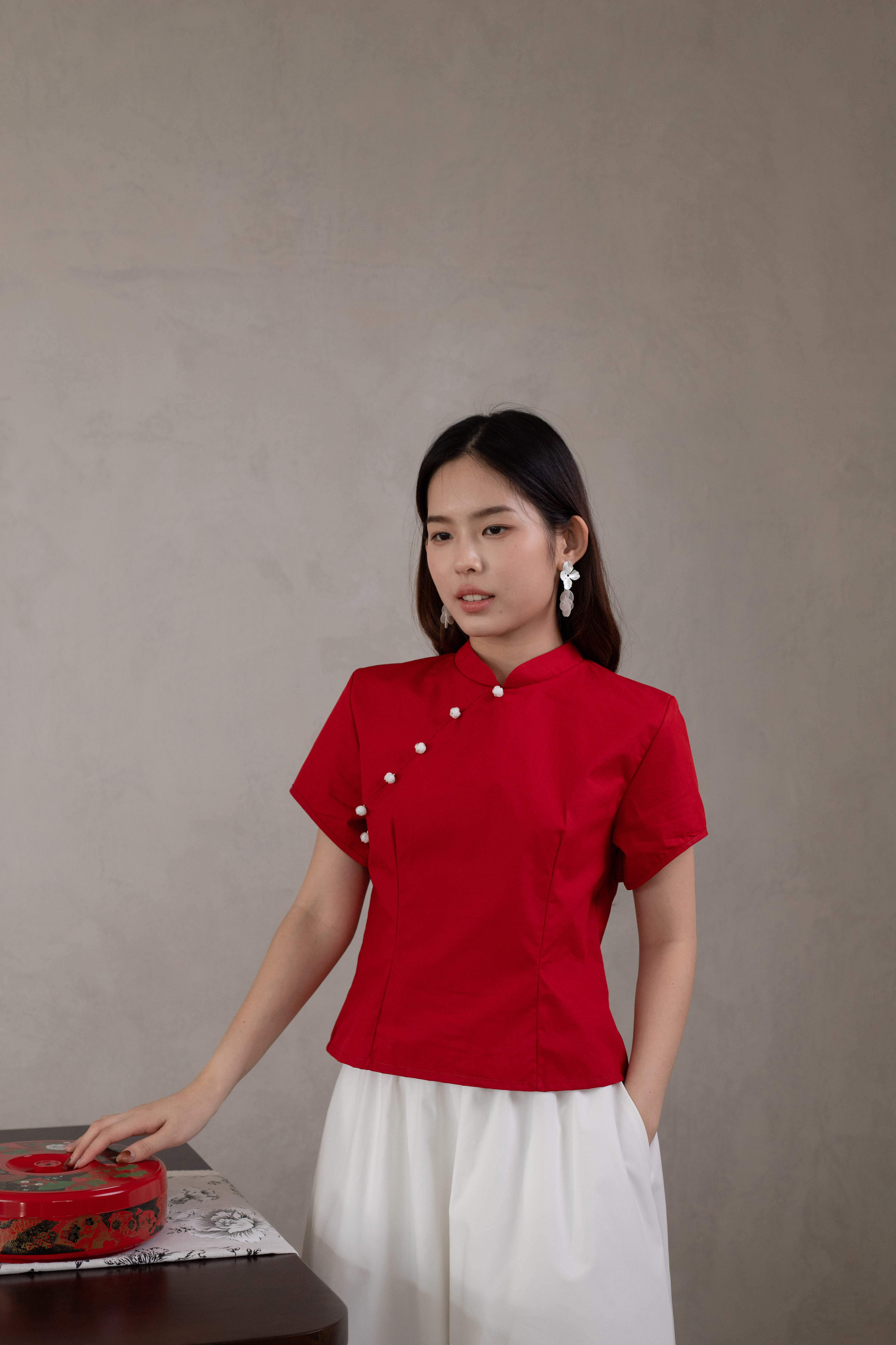 Kanza Cheongsam Lily Top Red-2631BSRED