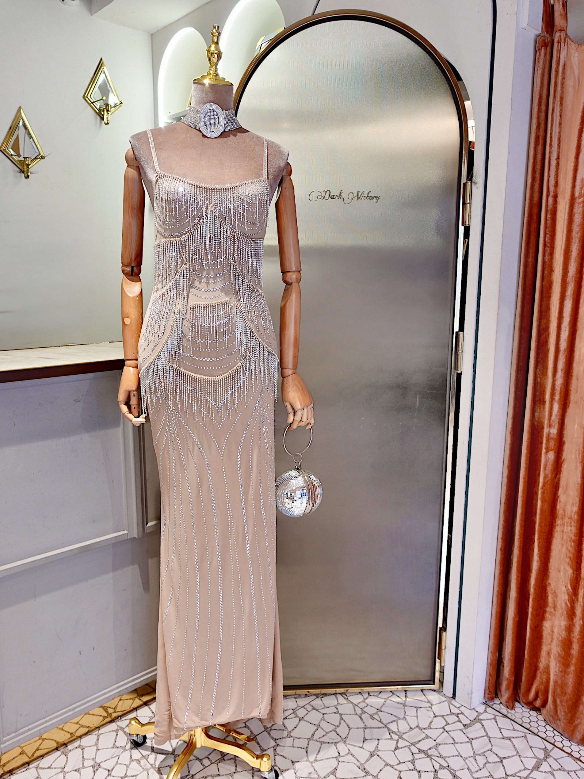 Champagne香檳色亮片圖紋流蘇Dress