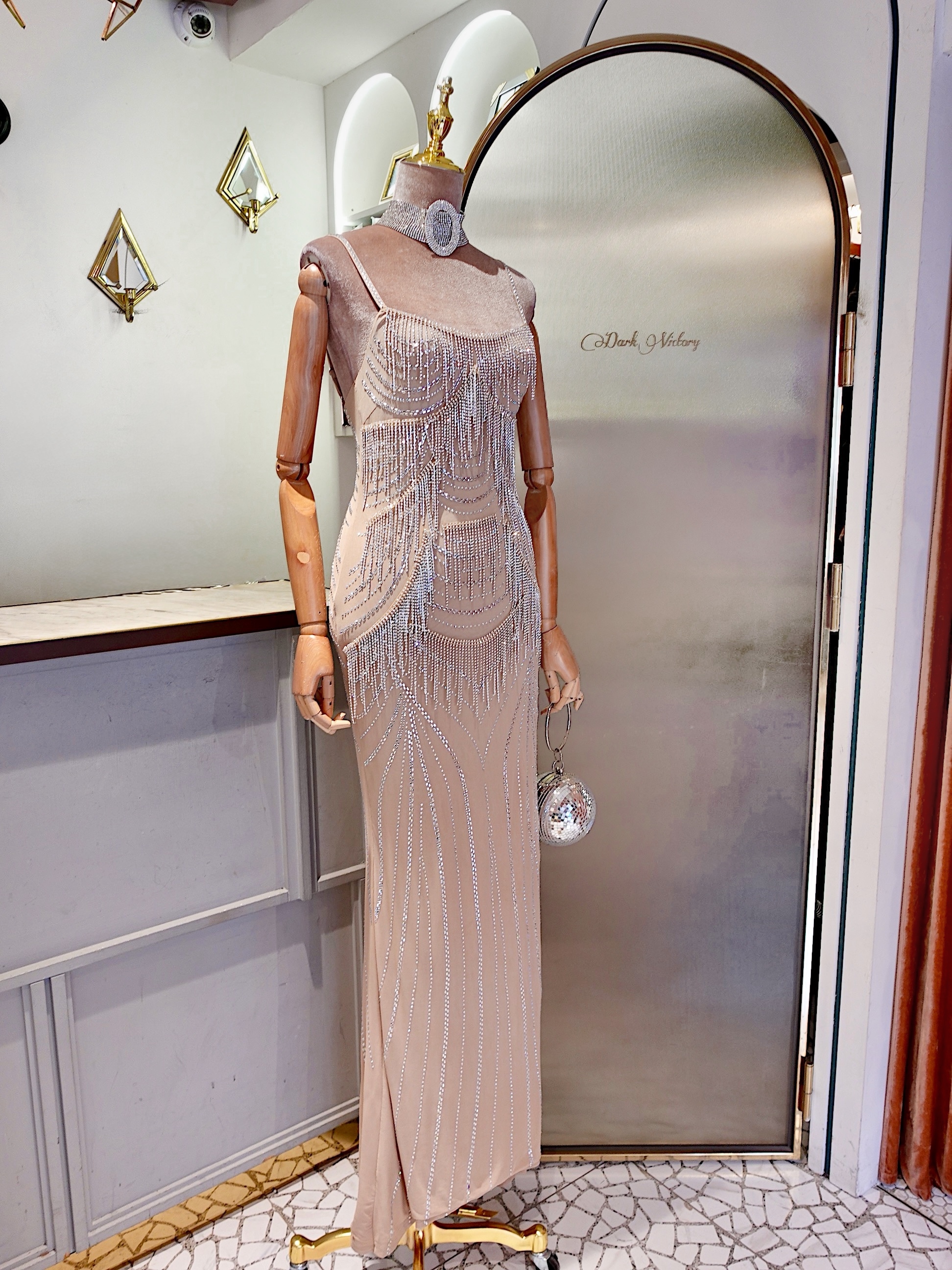 Champagne香檳色亮片圖紋流蘇Dress