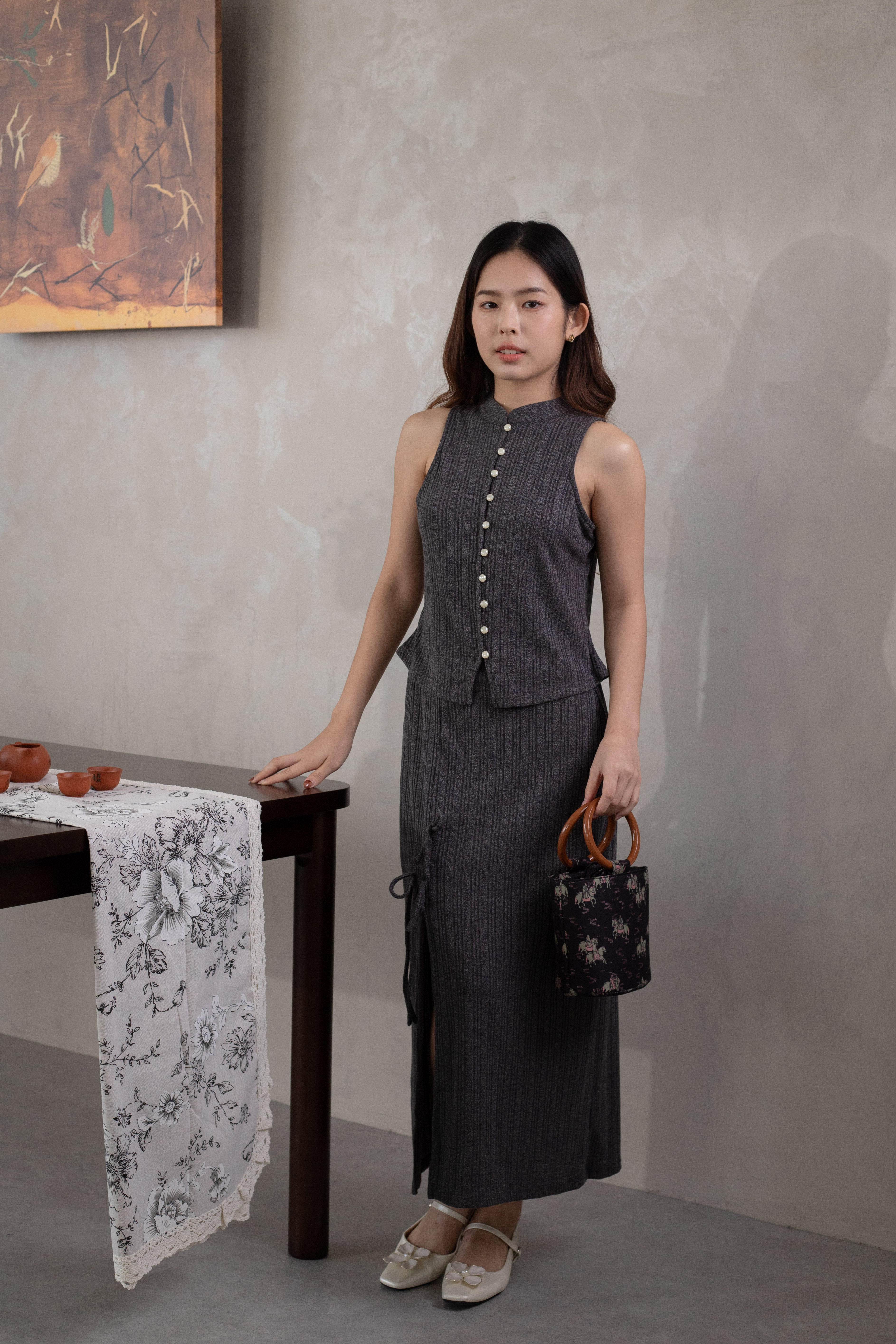 Muyu Tied Knot Slit Skirt Grey - 2627SKGRY