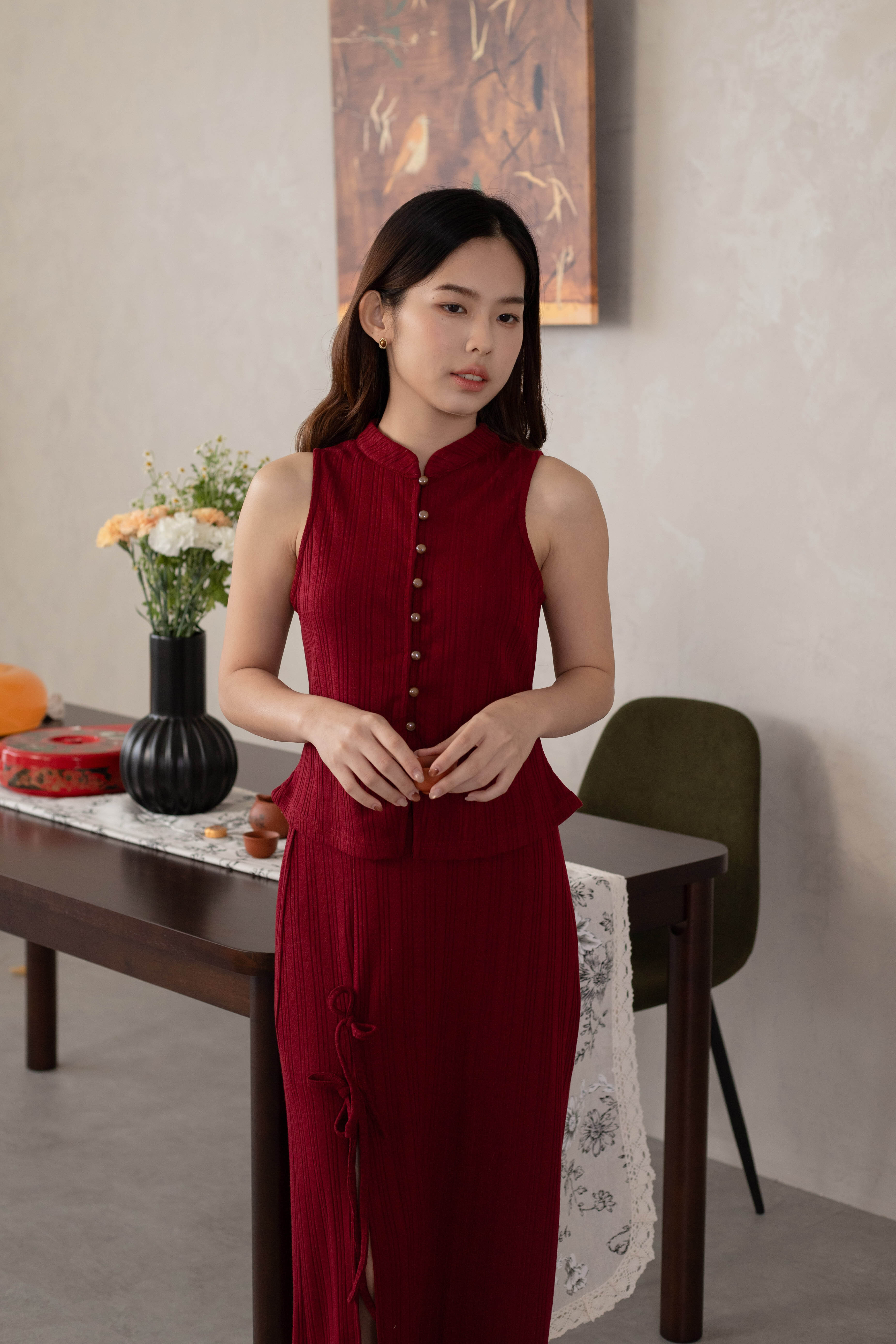 Muyu Racer Cheongsam Knit Top Red -2625KVRED