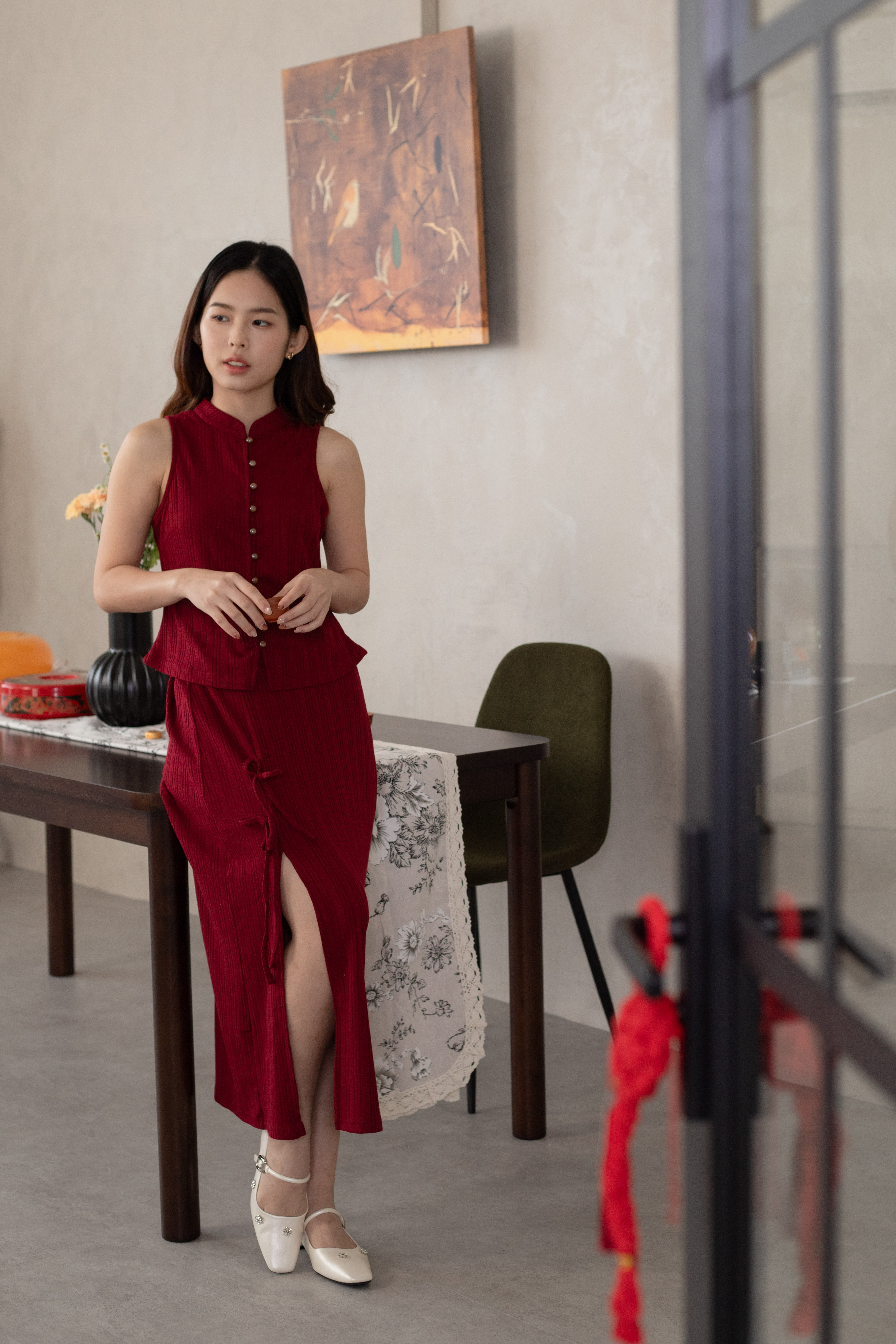 Muyu Racer Cheongsam Knit Top Red -2625KVRED