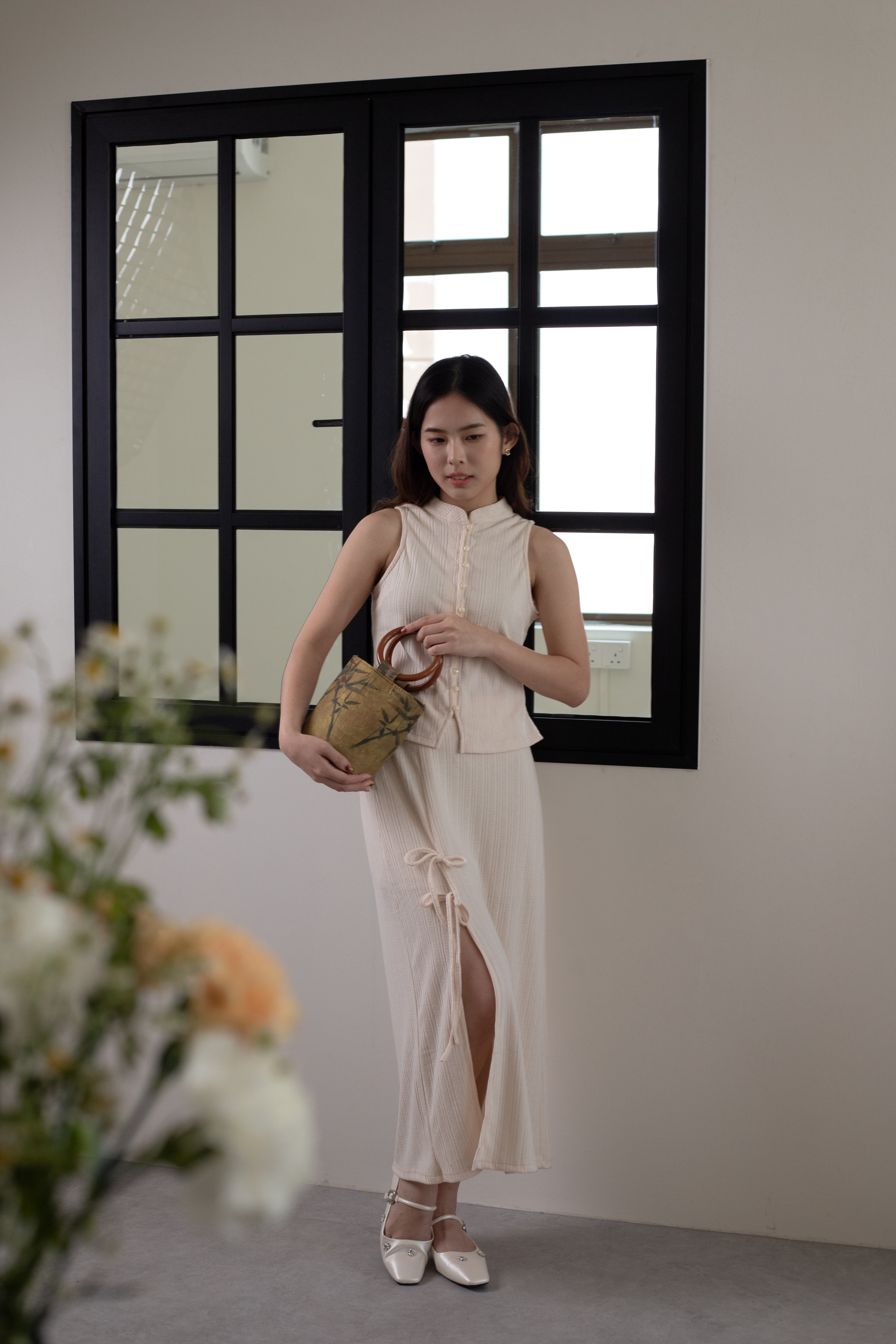 Muyu Racer Cheongsam Knit Top Beige -2625KVBEI