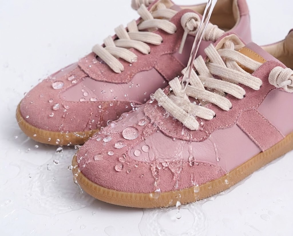 Sanly Joy 艾蜜莉德訓鞋 3M 防潑水測試，真皮鞋面經特殊處理可抵擋雨水與髒污，解決出國旅遊遇到下雨鞋子濕透的困擾，是兼具時尚與機能的防水旅遊鞋。