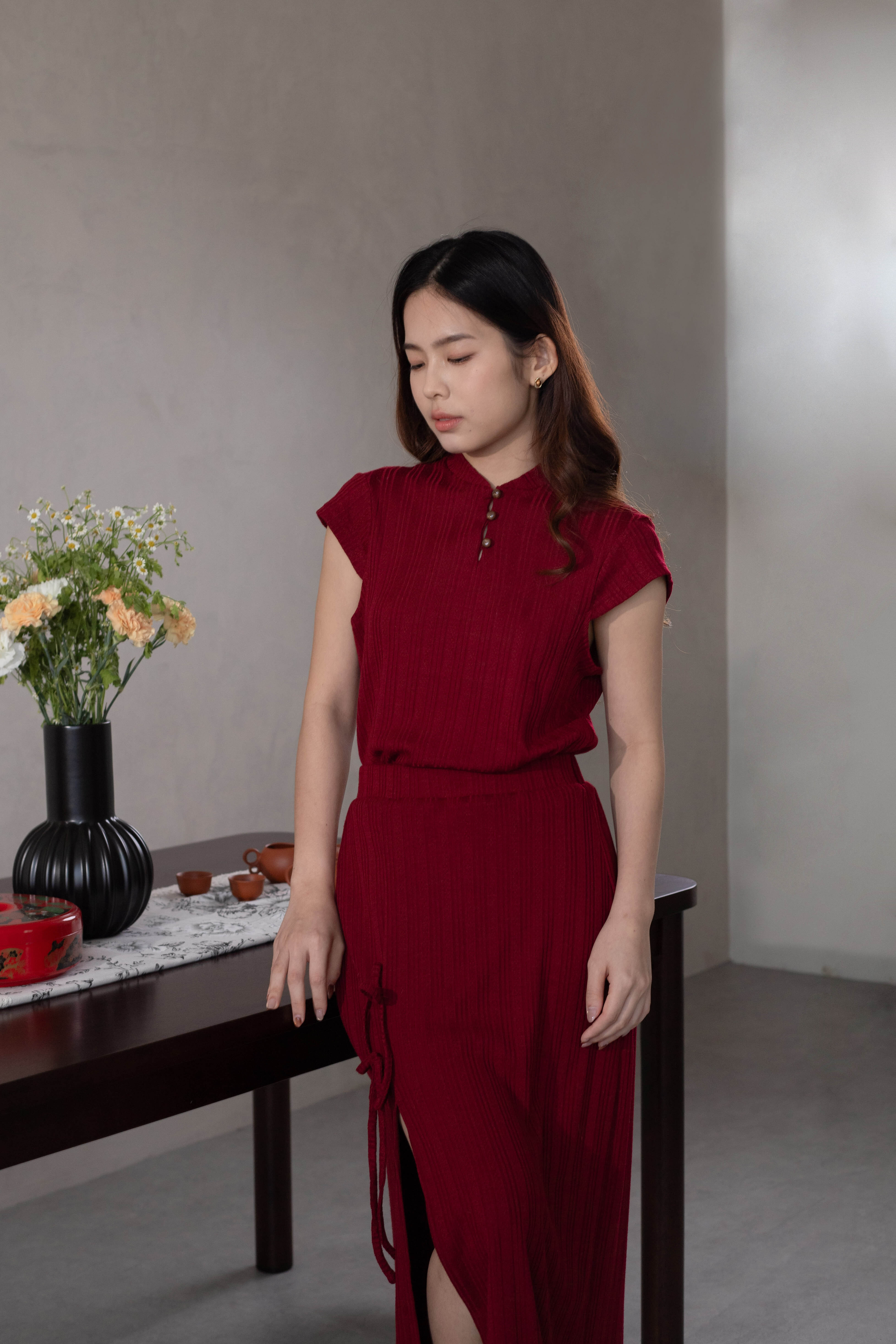 Muyu Cheongsam Knit Top Red-2626KSRED