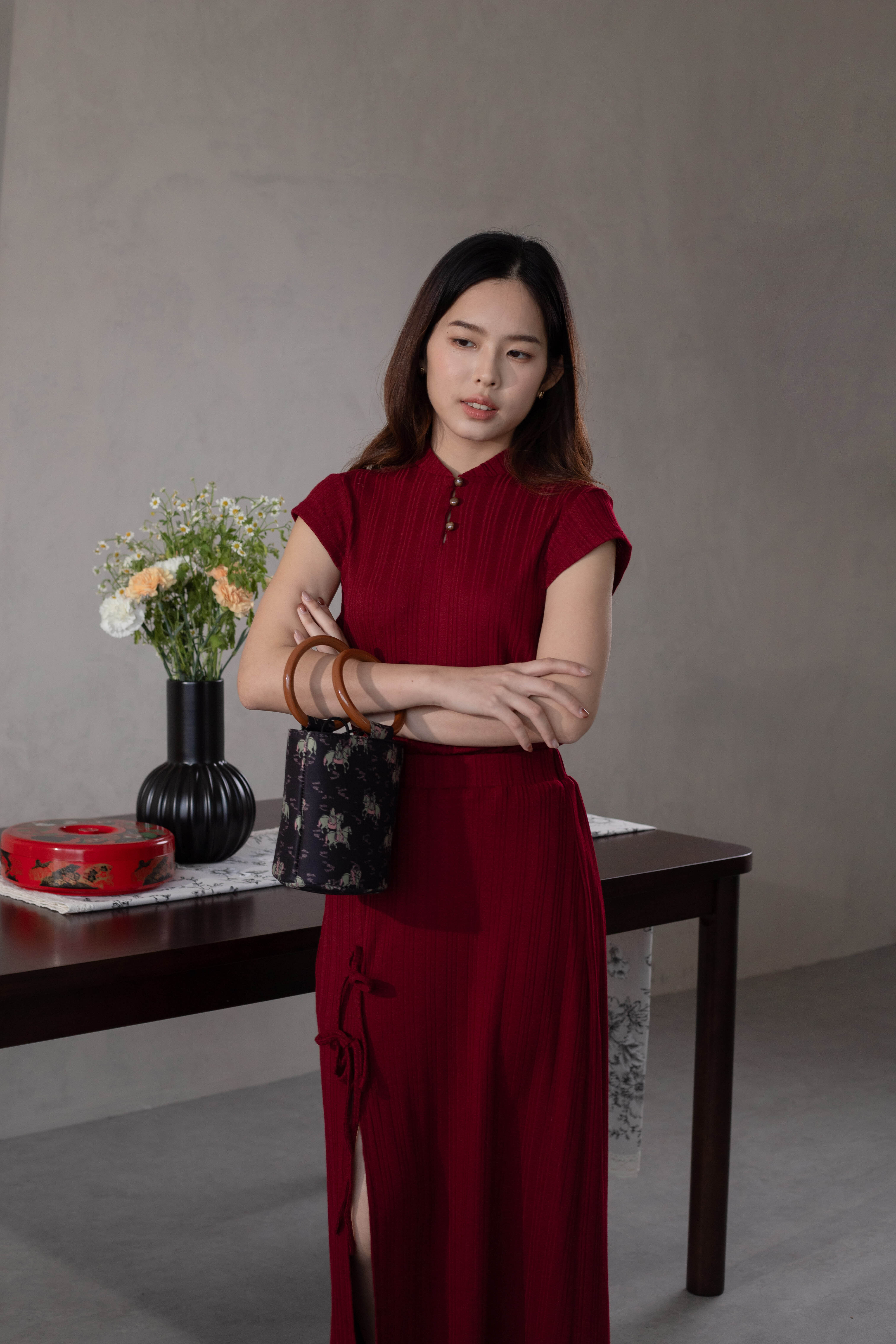 Muyu Cheongsam Knit Top Red-2626KSRED