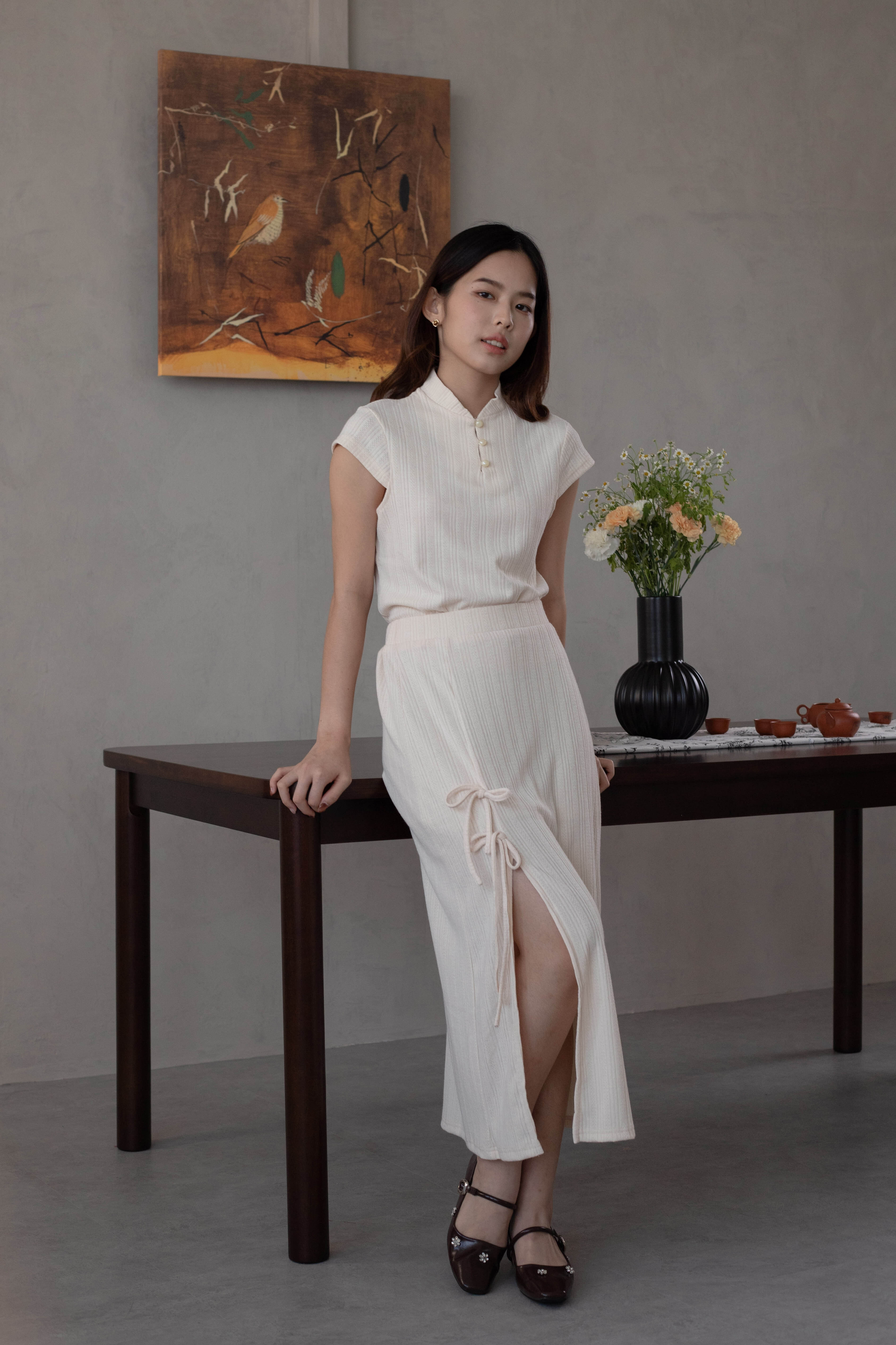 Muyu Cheongsam Knit Top Beige -2626KSBEI