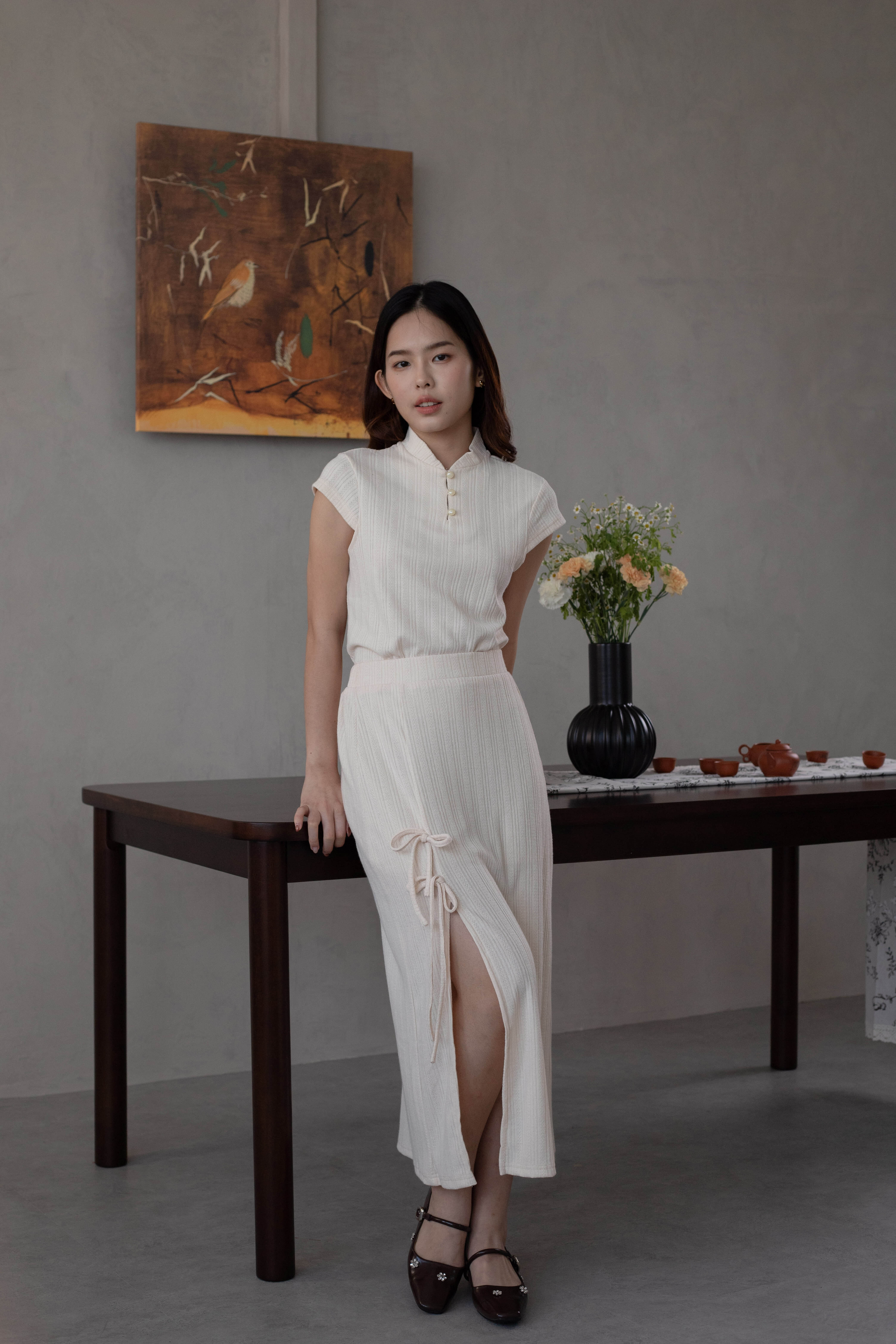 Muyu Cheongsam Knit Top Beige -2626KSBEI