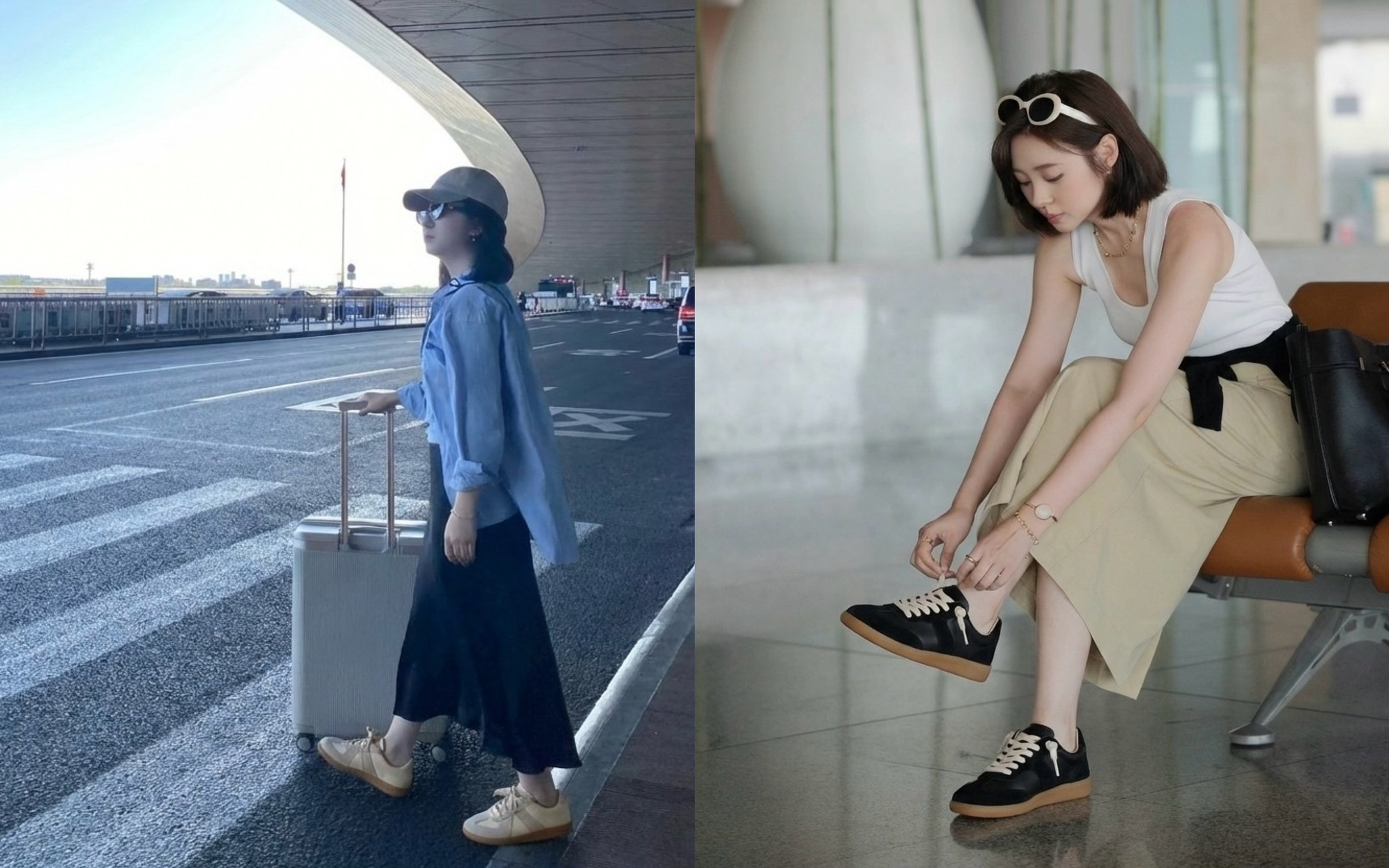 出國旅遊穿搭靈感，示範 Sanly Joy 艾蜜莉德訓鞋如何一鞋多穿，從機場休閒風到景點甜美洋裝都能完美駕馭，是節省行李空間的百搭真皮小白鞋推薦。