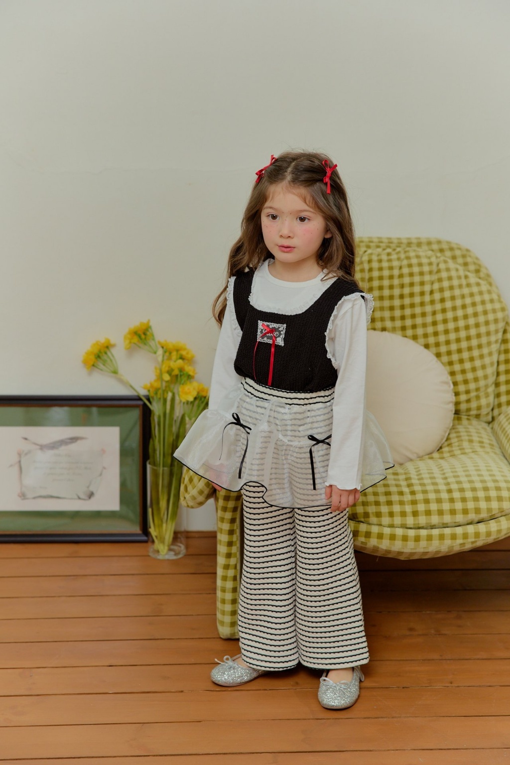 正韓春SERA 假兩件襯裙條紋喇叭褲