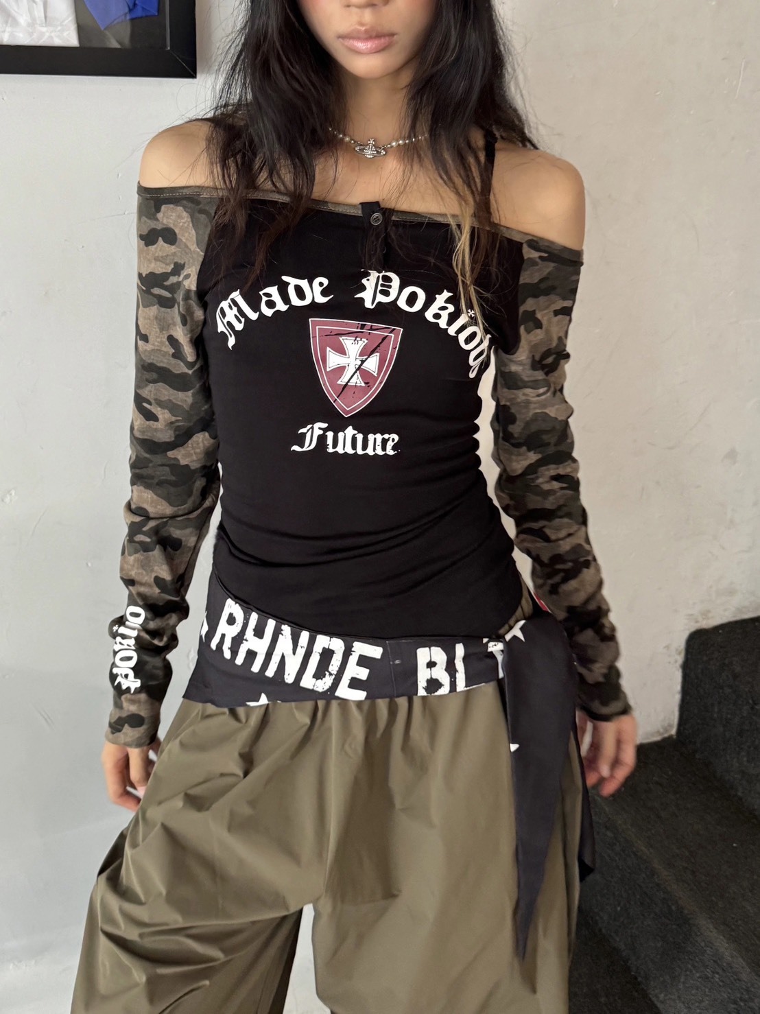 (GOAL)美式迷彩拼接一字領長袖 R9167