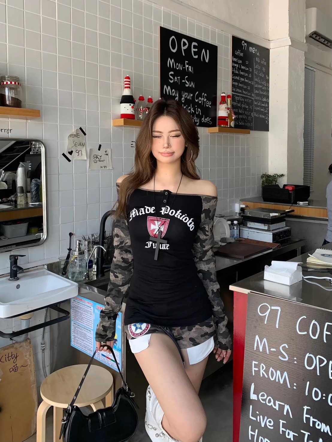 (GOAL)美式迷彩拼接一字領長袖 R9167