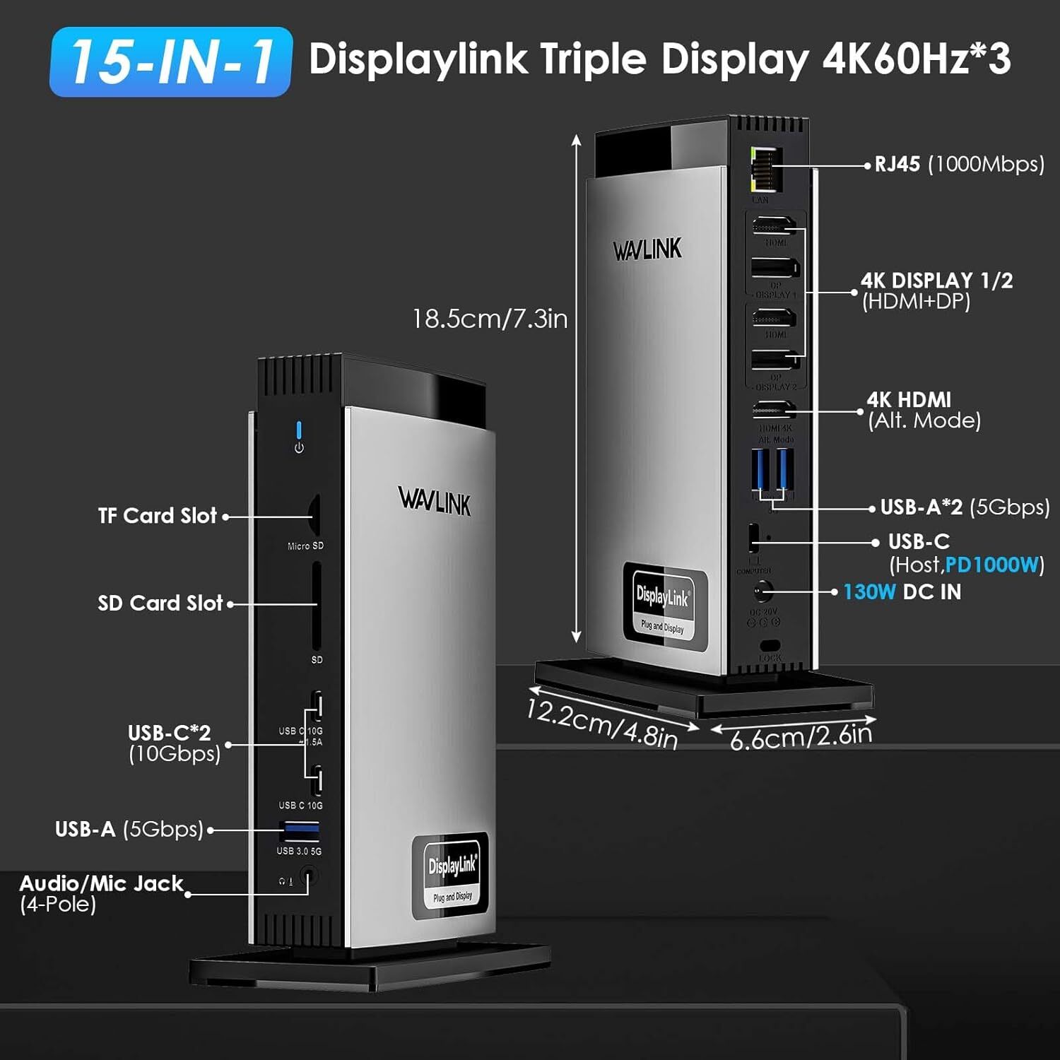 WAVLINK Universal DisplayLink Docking Station, Triple 4K WL-UG69PD13Pro