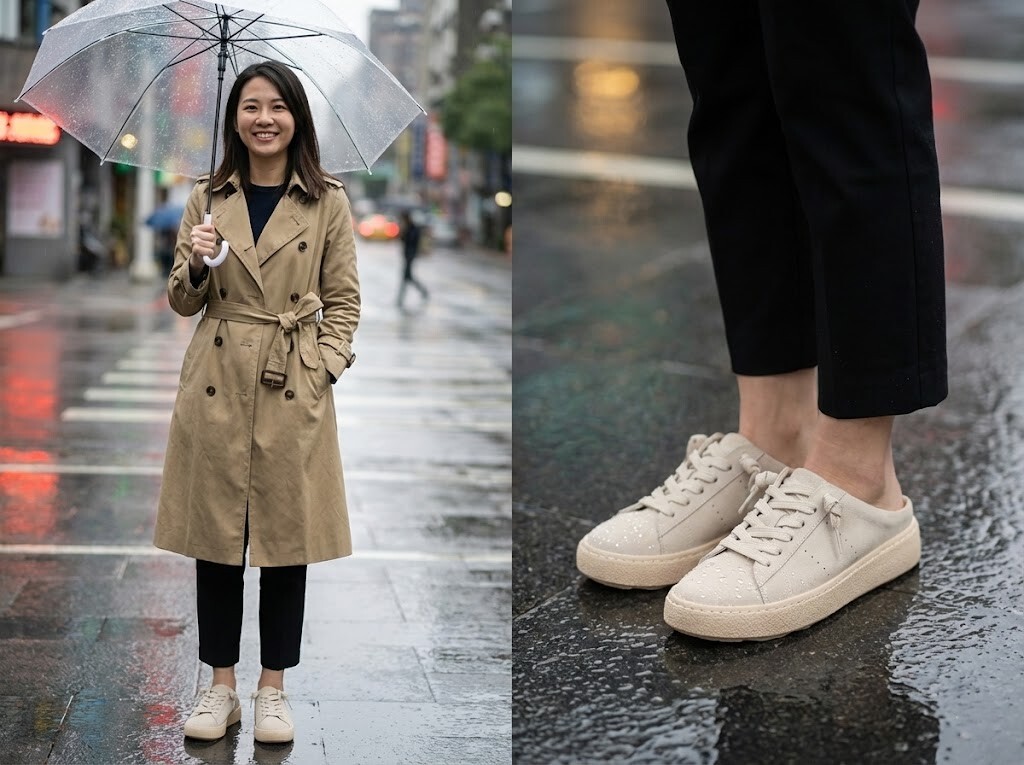 上班族雨天穿搭推薦 Sanly Joy 萌萌防潑水懶人鞋，搭配風衣與九分褲展現俐落職場風格，3M 防潑水技術讓通勤族不怕鞋襪濕透，進辦公室依然優雅乾爽。