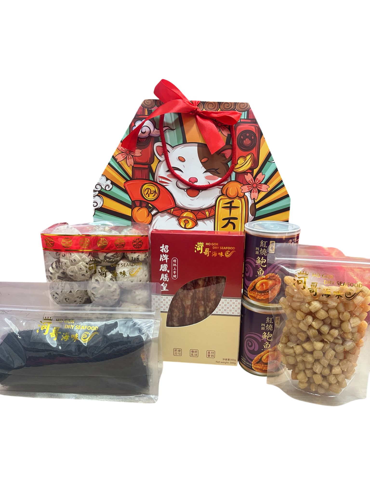 五福臨門:四頭紅燒鮑魚兩罐+元貝225g+內蒙古天然髮菜2.5-3両+本地臘腸300g+原木頂級花菇225g-M