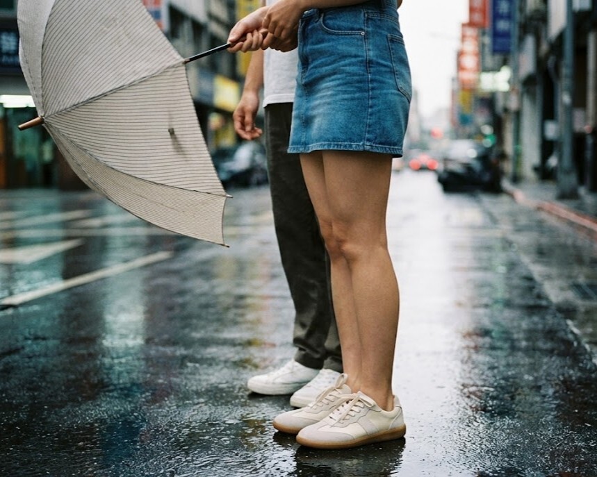 梅雨季約會穿搭靈感，穿著 Sanly Joy 艾蜜莉防潑水真皮德訓鞋搭配短裙，打破雨天不敢穿白鞋的迷思，3M 抗髒污技術讓妳在雨中約會依然保持清爽甜美。