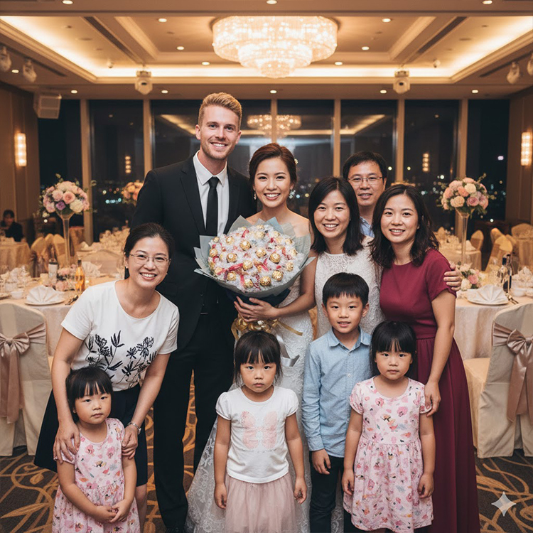 讓台灣新娘拿這花束(花束保留不要亂改,緞帶不要太長,花束直徑約60CM),旁邊有新郎,幾位賓客(大人+小孩),背景為婚宴餐廳,都看鏡頭微笑拍照,新郎是美國人