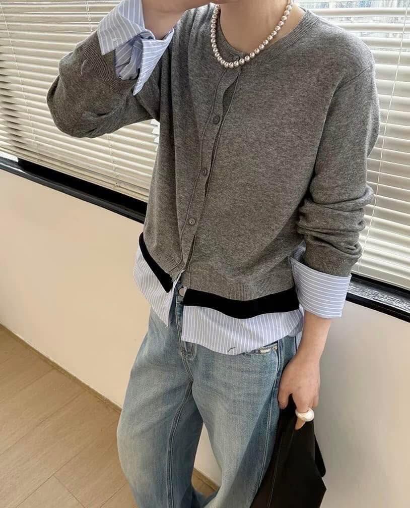 【氣質優雅的條紋拼接假兩件針織上衣】（現貨）