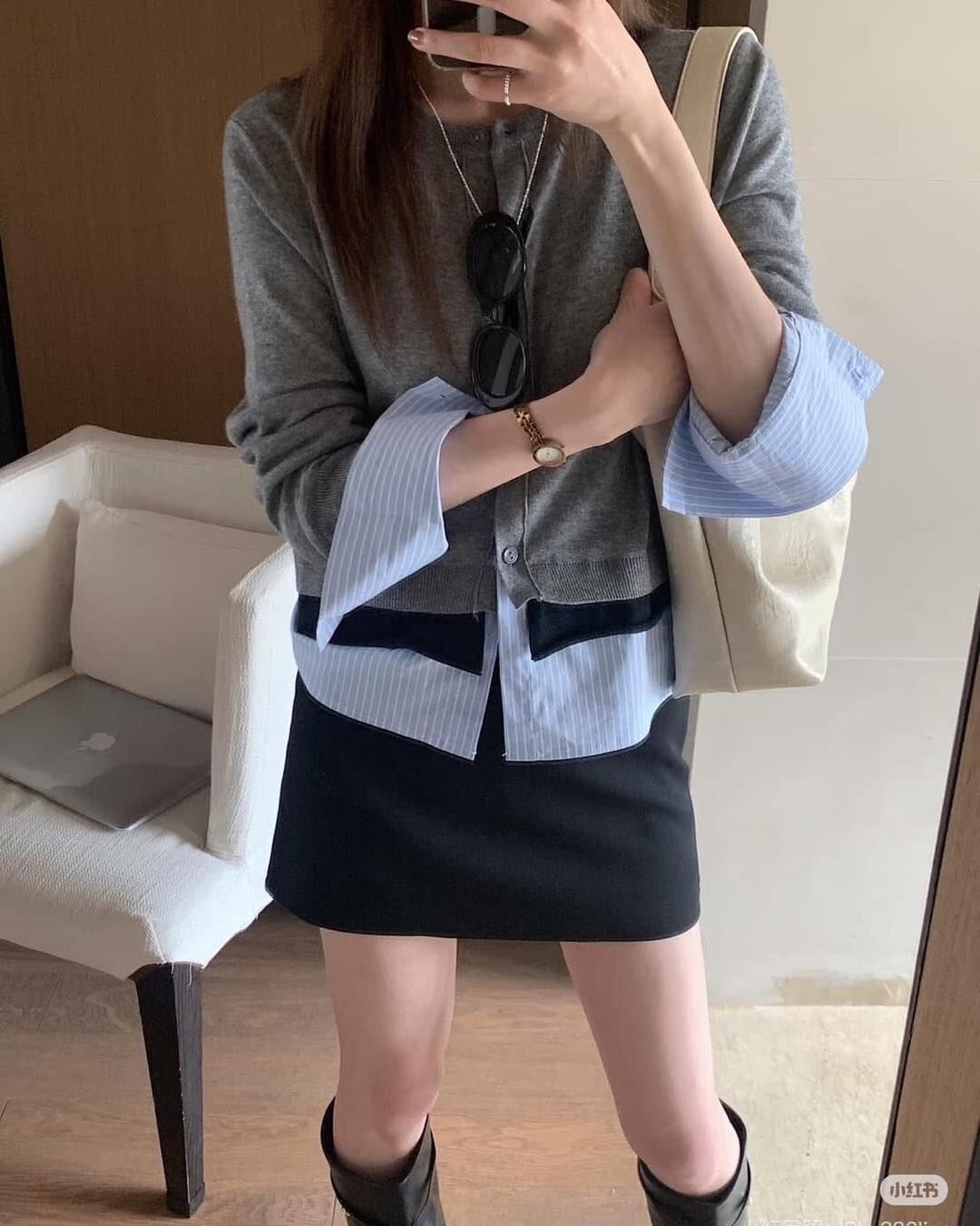 【氣質優雅的條紋拼接假兩件針織上衣】（現貨）