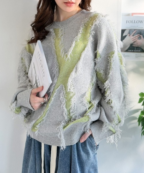 零碼現貨淺灰色M!! 日本🇯🇵連線 Classical Elf 華麗流蘇拼接緹花針織衫 流蘇 針織衫 套頭衫 拼接 長袖 寬鬆(任買兩件711免運)/現貨