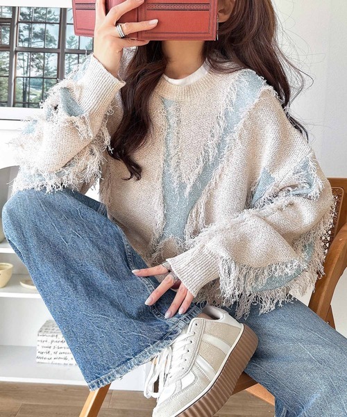 日本🇯🇵連線 Classical Elf 華麗流蘇拼接緹花針織衫 流蘇 針織衫 套頭衫 拼接 長袖 寬鬆 4色(任買兩件711免運)/預購