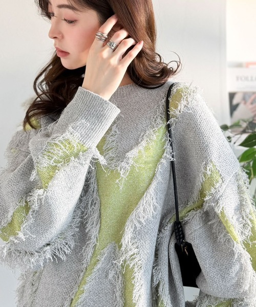 零碼現貨淺灰色M!! 日本🇯🇵連線 Classical Elf 華麗流蘇拼接緹花針織衫 流蘇 針織衫 套頭衫 拼接 長袖 寬鬆(任買兩件711免運)/現貨