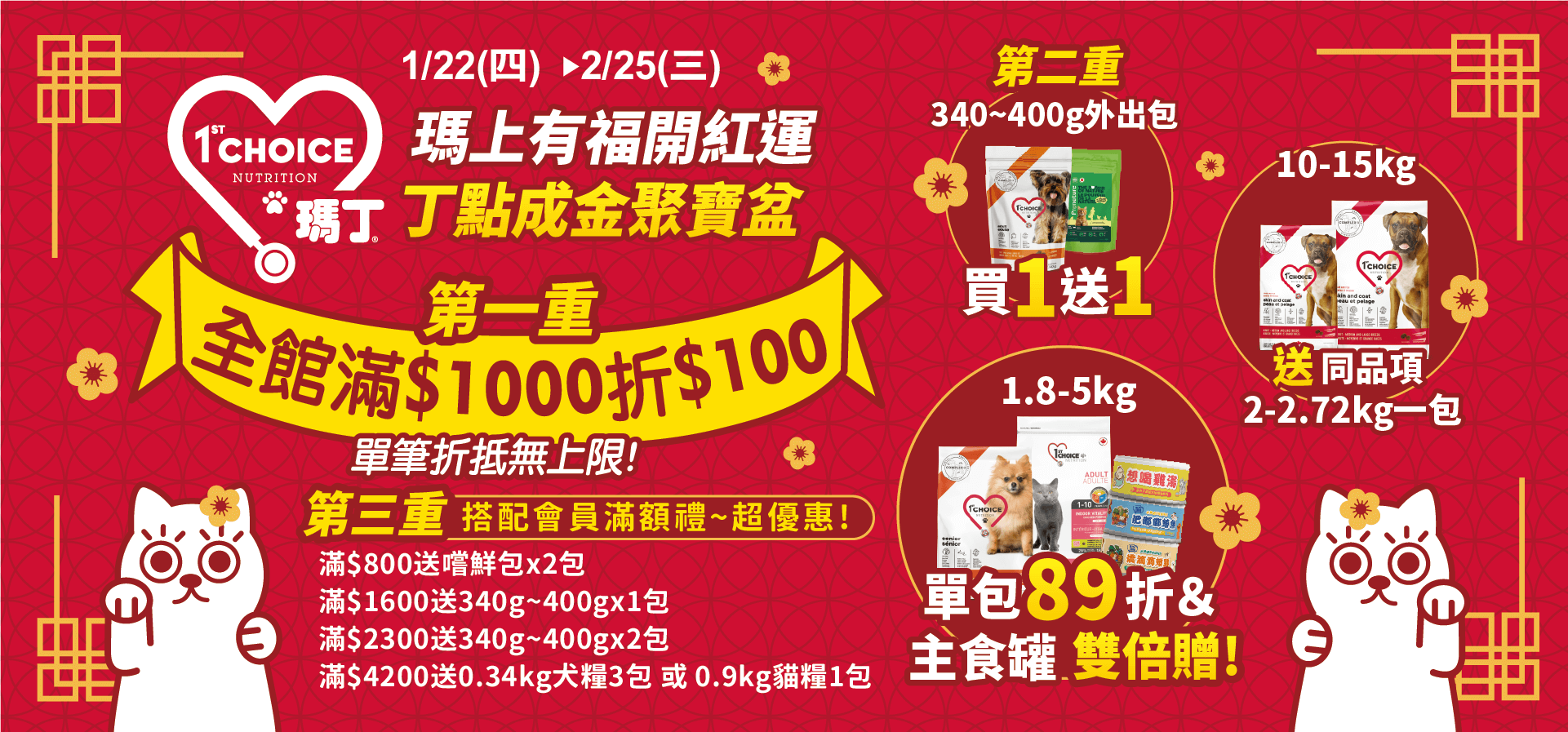瑪丁 1stCHOICE 新年開紅運活動 1/22–2/25，全館滿1000折100；340–400g外出包買1送1；1.8–5kg單包89折加碼主食罐雙倍贈；10–15kg送同品項2–2.72kg一包，搭配會員滿額禮再享加碼贈品
