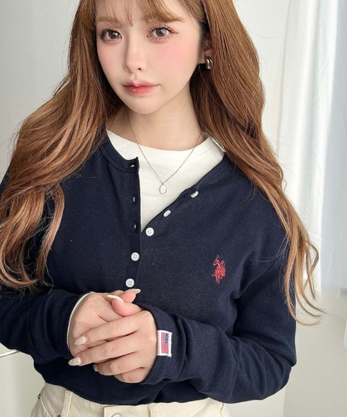 日本🇯🇵連線 Moment+ x U.S. POLO ASSN. 刺繡排扣亨利領羅紋針織衫 刺繡 亨利領 休閒 長袖 針織衫 T恤 內搭 打底 4色(任買兩件711免運)/預購