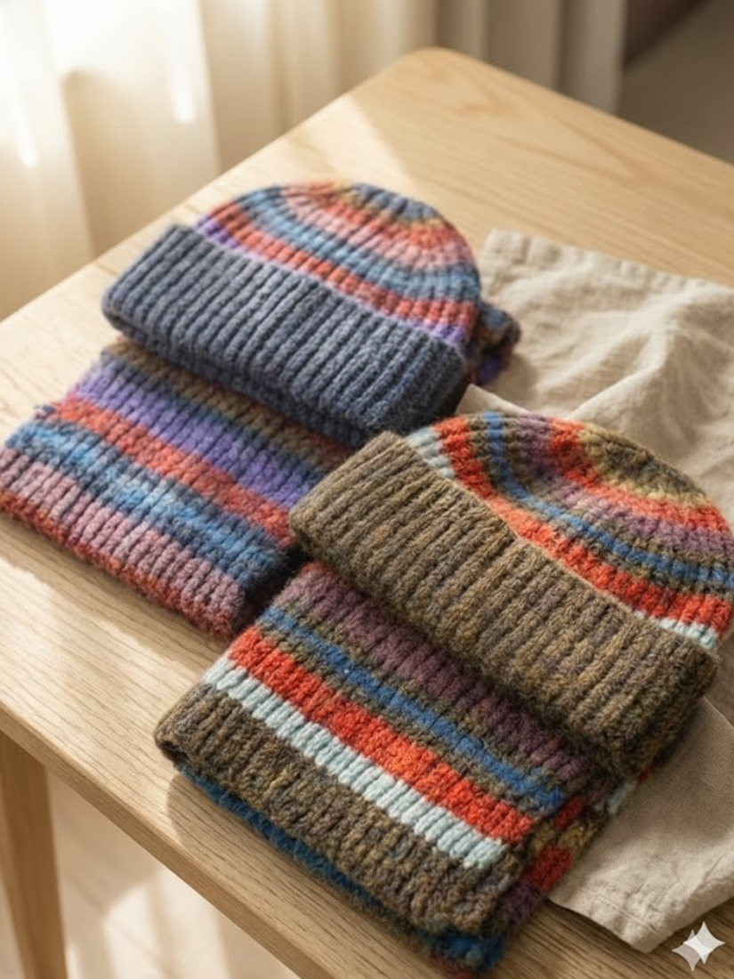 愛爾蘭混色條紋針織毛帽圍巾兩件組