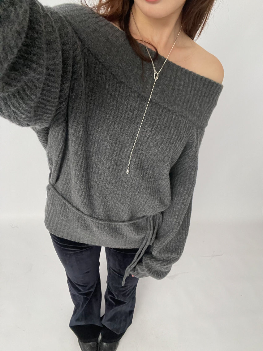 rib stripe off-shoulder knit top with waist tie