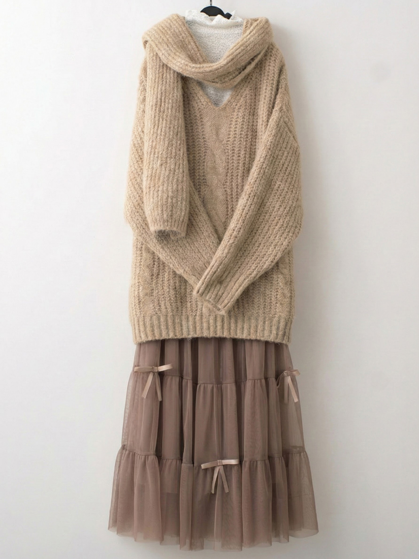 麻花V領長版針織上衣蕾絲立領內搭緞帶蛋糕紗裙組合