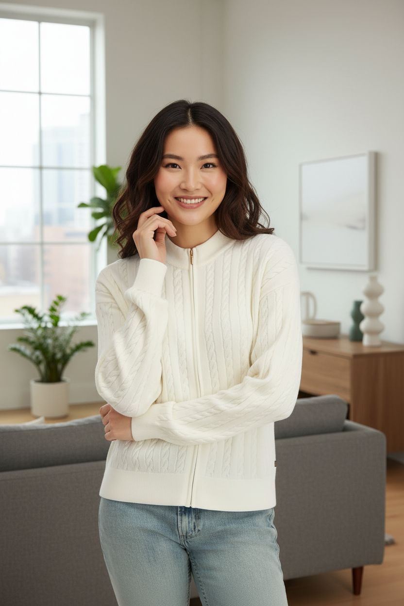 OBS254 Nautica Jeans Women's Cable Knit Full Zip Sweater