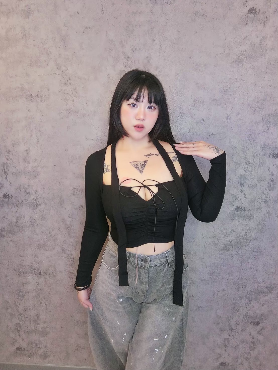 心機抓皺方領長袖上衣*附綁帶