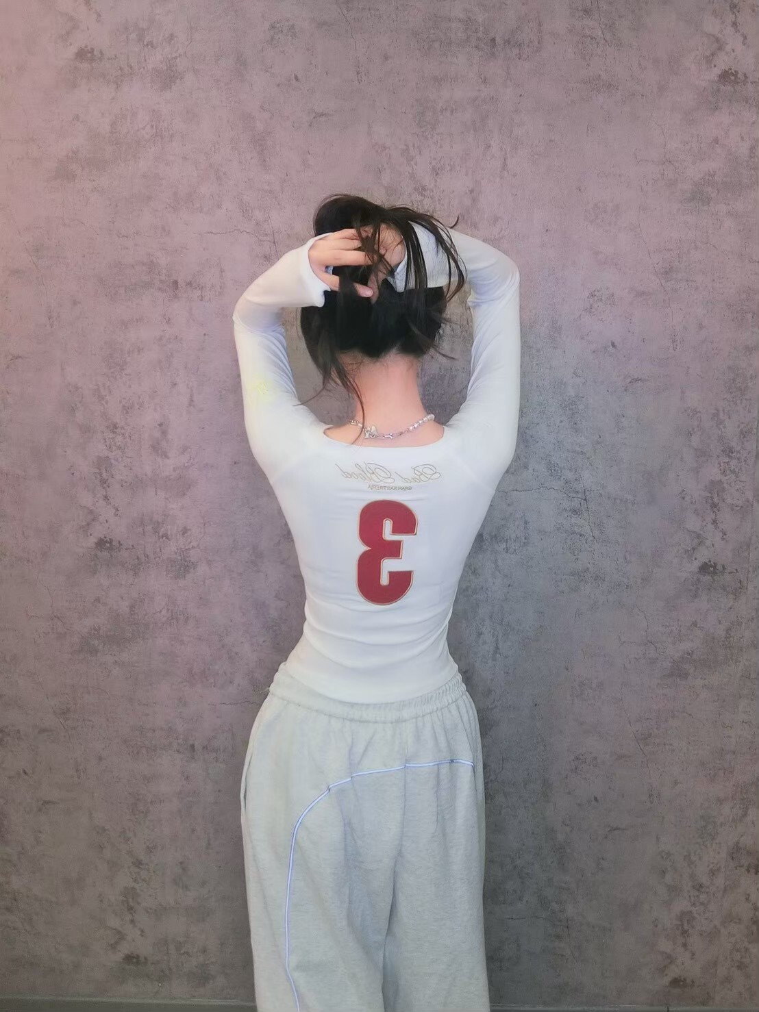 美式領刺繡長袖上衣