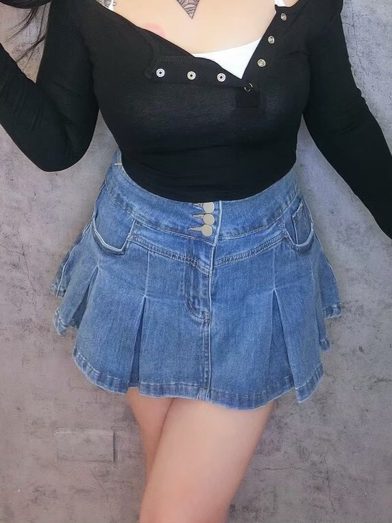 三排扣壓摺牛仔短裙