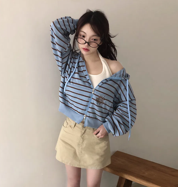 春季預訂｜寬鬆條紋刺繡雙向連帽拉鍊衫