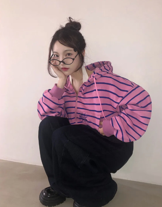 春季預訂｜寬鬆條紋刺繡雙向連帽拉鍊衫