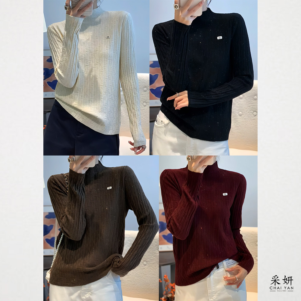 亮蔥小標微高領長袖針織上衣