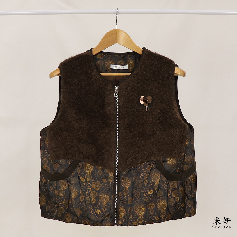 國風拼接羊羔絨薄鋪棉背心