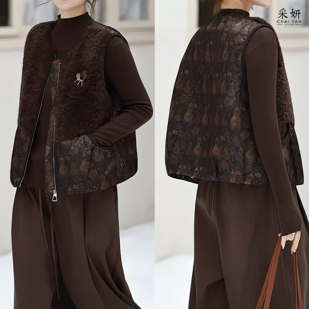 國風拼接羊羔絨薄鋪棉背心