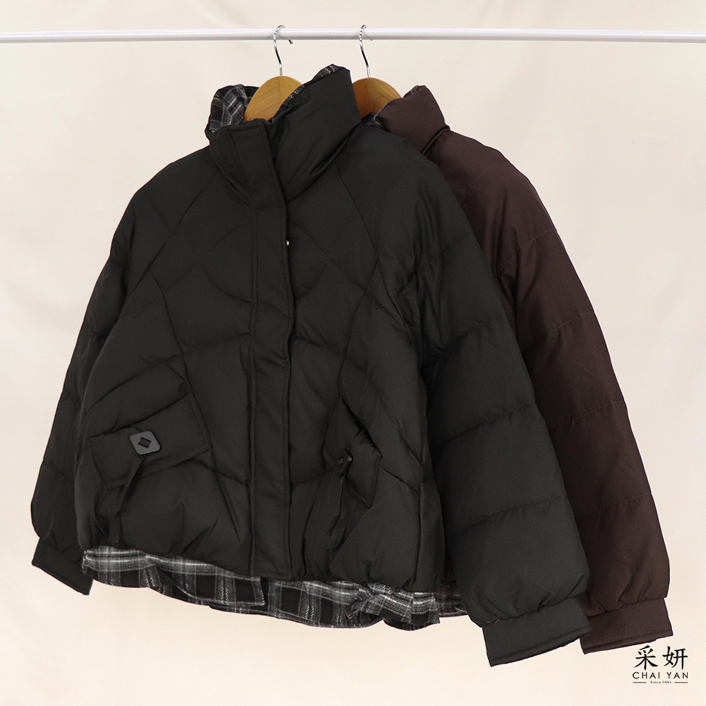 蘇格蘭格防風拉鍊壓釦鋪棉外套