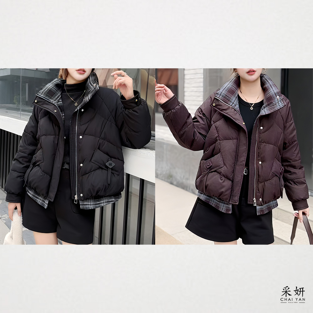 蘇格蘭格防風拉鍊壓釦鋪棉外套