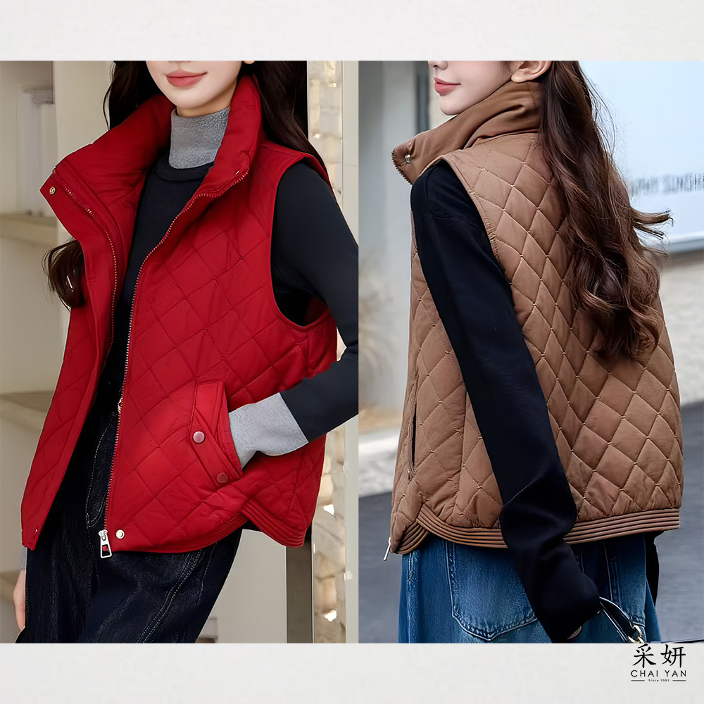 菱形縫線拉鍊弧形立領背心