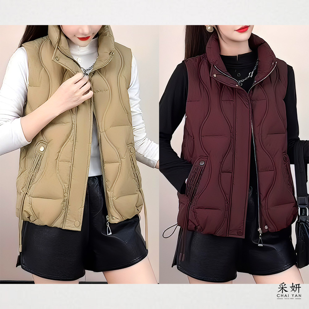 波浪縫線拉鍊拉繩立領背心