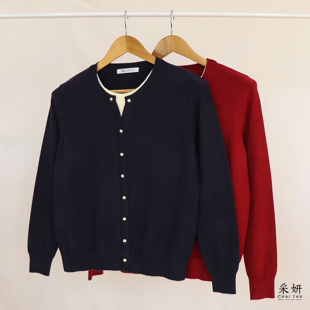 假水鑽釦假兩件針織長袖上衣