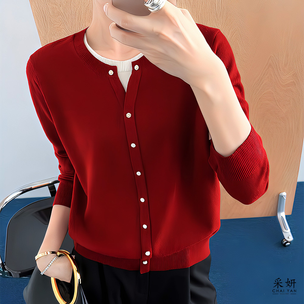 假水鑽釦假兩件針織長袖上衣