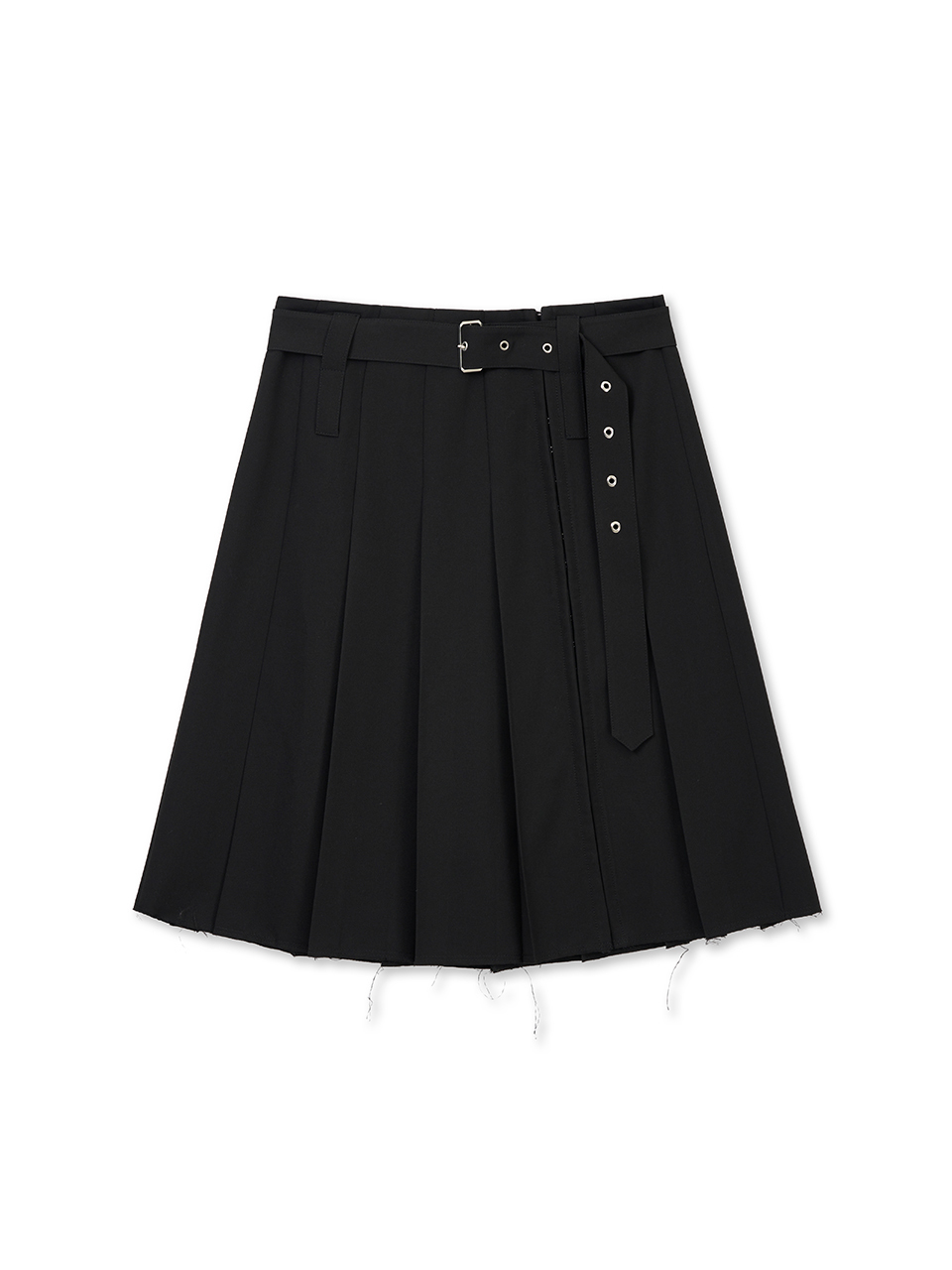 腰帶細節開衩百褶裙 黑色